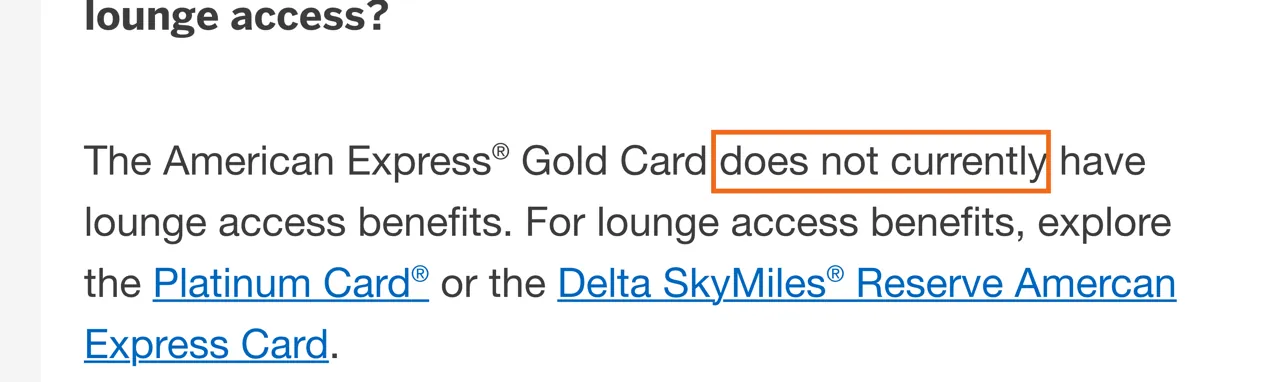 Capture of The American Express® Gold Card: “The American Express Gold Card does not currently have lounge access benefits.”